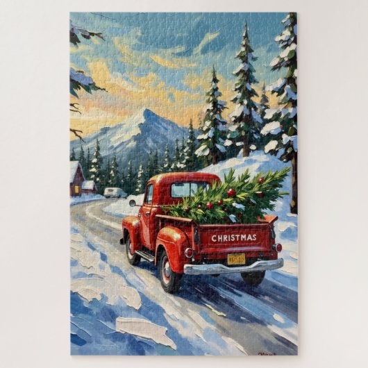 Roter Vintage-LKW mit Weihnachtsbaum Puzzle (Vertikal)