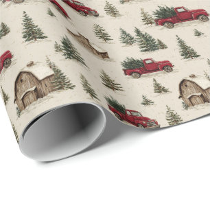 Roter Vintage-LKW mit Weihnachtsbäumen Geschenkpapier