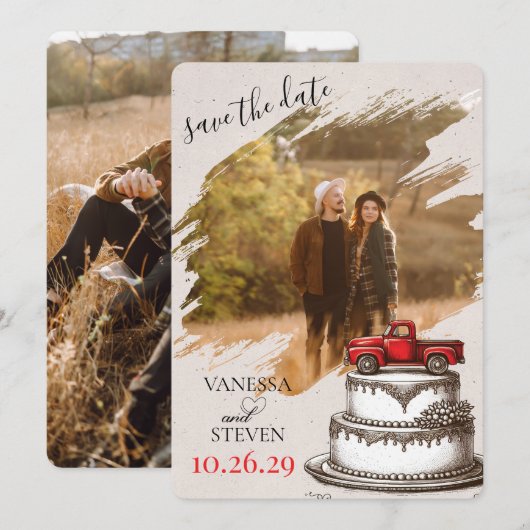Roter Vintage-LKW Save The Date (Vorne/Hinten)