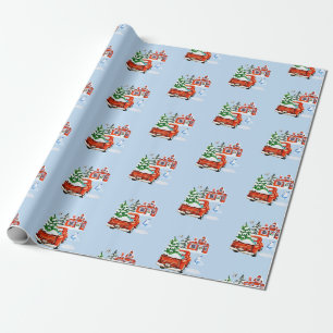 Roter Vintage-LKW Weihnachtsbaum Haus Eule Schneem Geschenkpapier