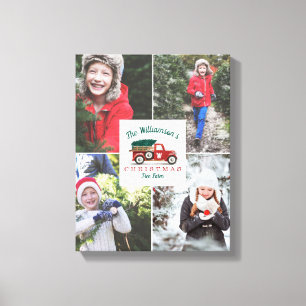 Roter Vintage-LKW Weihnachtsbaumfarm Familienfoto Leinwanddruck