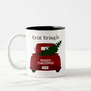 Roter Vintage-Pickup-Truck und Weihnachtsbaum Zweifarbige Tasse