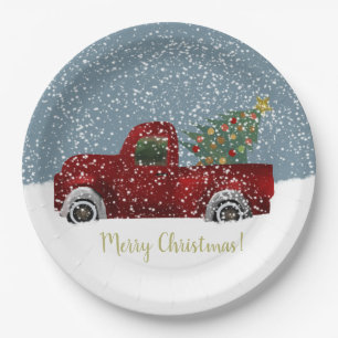 Roter vintage Retro-LKW und Weihnachtsbaum Pappteller