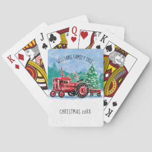 Roter Vintage-Traktor-Weihnachtsbaum-Baum Name hin Spielkarten