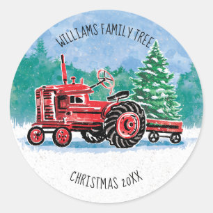 Roter Vintage-Traktor Weihnachtsbaum Name hinzufüg Runder Aufkleber