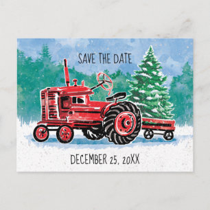 Roter Vintage-Traktor-Weihnachtsbaum Save-the-Date Ankündigungspostkarte