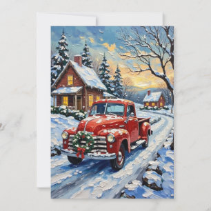 Roter Vintage-Weihnachts-LKW auf verschneiter Land Feiertagskarte