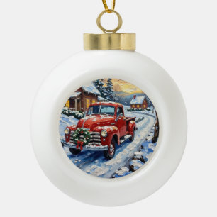 Roter Vintage-Weihnachts-LKW auf verschneiter Land Keramik Kugel-Ornament