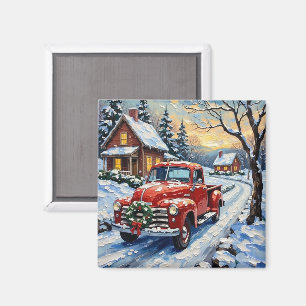 Roter Vintage-Weihnachts-LKW auf verschneiter Land Magnet