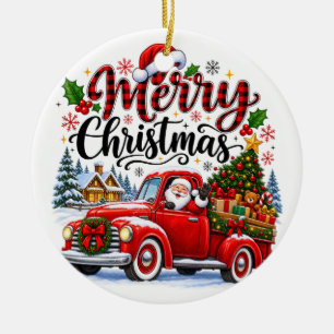 Roter Vintage-Weihnachtsmann-LKW-Weihnachtsschmuck Keramik Ornament