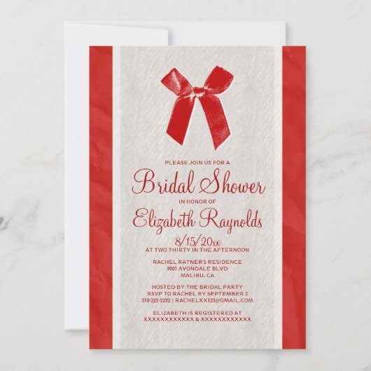 Roter Vintager Bow & Linen Bridal Dusche Einladung (Vorderseite)