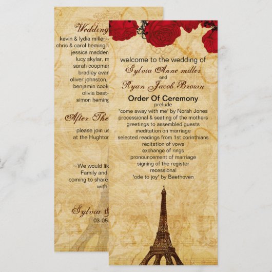 Roter Vintager Eiffelturm Pariser Hochzeitsprogram Programm (Vorne/Hinten)