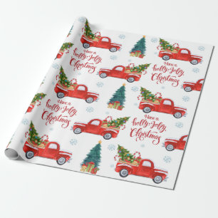 Roter Vintager LKW mit Weihnachtsbaumen und Orname Geschenkpapier