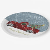 Roter Vintager Retro LKW-und Weihnachtsbaum Pappteller (Schrägansicht)