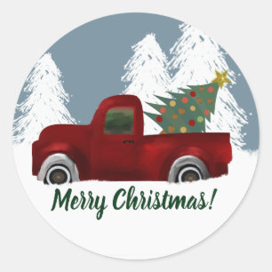 Roter Vintager Retro LKW-und Weihnachtsbaum Runder Aufkleber