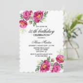 Roter Violet Peony Floral Greenery 50. Geburtstag Einladung (Stehend Vorderseite)