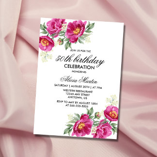 Roter Violet Peony Floral Greenery 50. Geburtstag Einladung