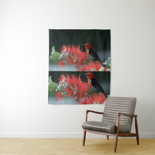 Roter Vogel an der Mauer der Grünen Brandung Kunst Wandteppich
