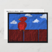 Roter Vogel auf der Zaun-Postkarte Postkarte (Vorne/Hinten)