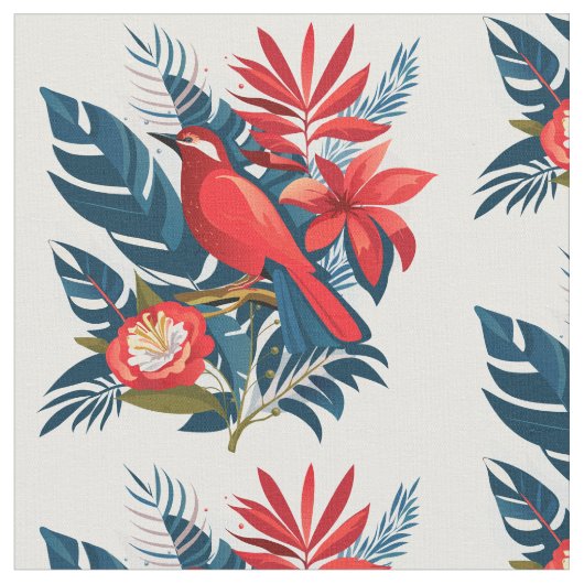 Roter Vogel & Blumenmuster Winterurlaub Kunstleris Stoff (Nahaufnahme)
