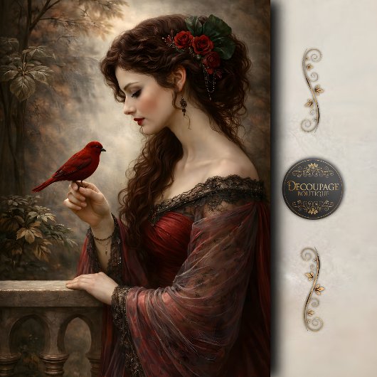 Roter Vogel Dame Porträt Découpage Seidenpapier