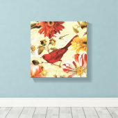Roter Vogel im Blumengarten Leinwanddruck (Insitu (Holzboden))