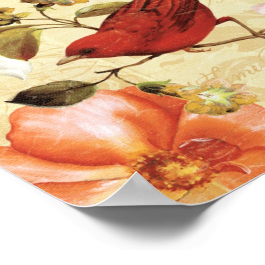 Roter Vogel im Blumengarten Poster (Ecke)