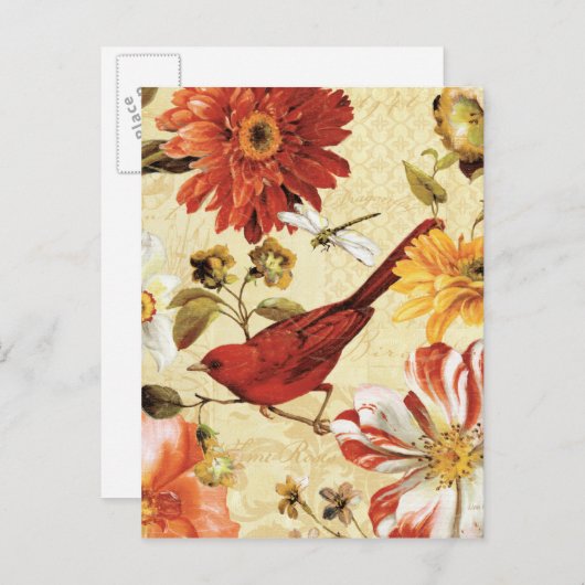 Roter Vogel im Blumengarten Postkarte (Vorne/Hinten)