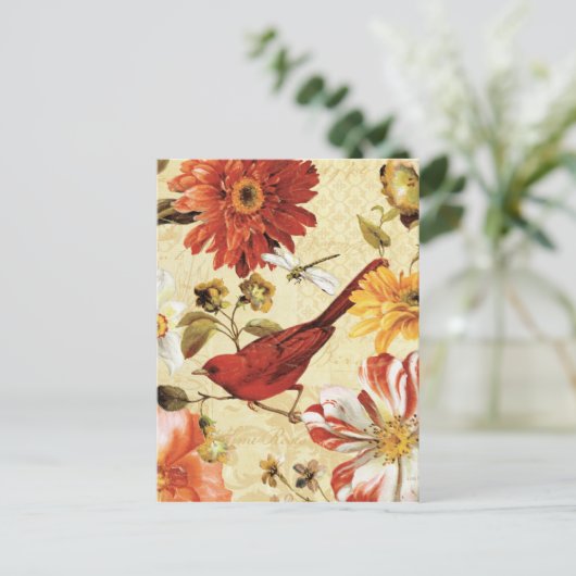 Roter Vogel im Blumengarten Postkarte (Stehend Vorderseite)