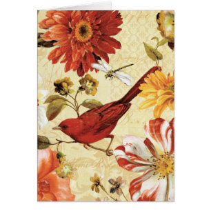 Roter Vogel in einem Blumen-Garten
