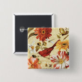 Roter Vogel in einem Blumen-Garten Button (Vorne & Hinten)