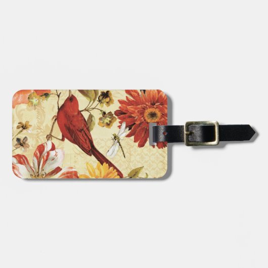 Roter Vogel in einem Blumen-Garten Gepäckanhänger (Vorderseite horizontal)