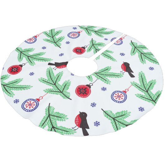 Roter Vogel in Kiefernzweig mit Ornamenten Polyester Weihnachtsbaumdecke (Schrägansicht)