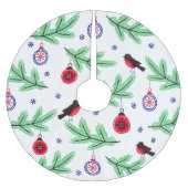 Roter Vogel in Kiefernzweig mit Ornamenten Polyester Weihnachtsbaumdecke (Vorderseite)