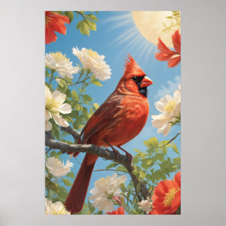 Roter Vogel in Sonnenschein und Blumen Poster