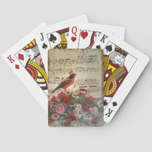 Roter Vogel & Rose auf Vintagem Musikblatt Spielkarten
