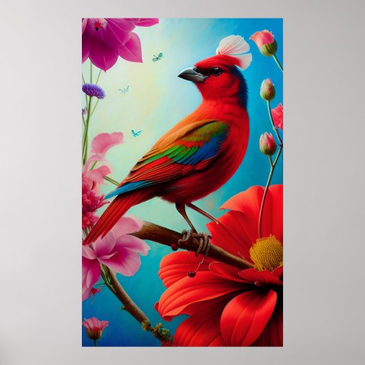 Roter Vogel und Blume Poster (Vorne)