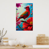 Roter Vogel und Blume Poster (Küche)