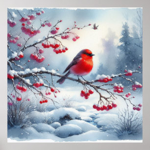 Roter Vogel und Winterlandschaft 2 Poster
