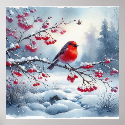 Roter Vogel und Winterlandschaft 2 Poster (Vorne)