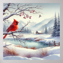 Roter Vogel und Winterlandschaft 3 Poster