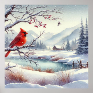 Roter Vogel und Winterlandschaft 3 Poster