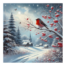 Roter Vogel und Winterlandschaft