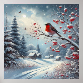 Roter Vogel und Winterlandschaft Poster