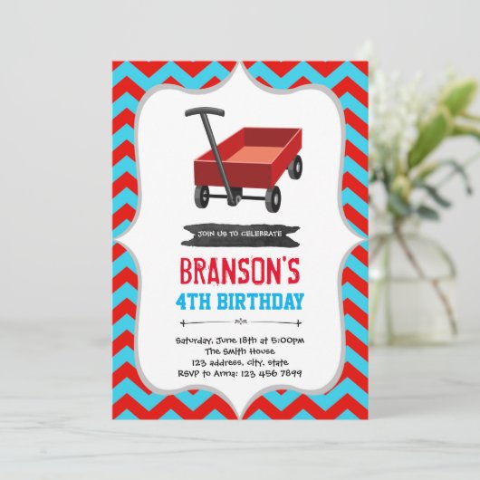 Roter Wagen Geburtstagsparty Einladung (Stehend Vorderseite)