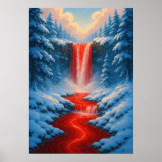 Roter Wasserfall im Winter Schnee Fantasy Landscha Poster