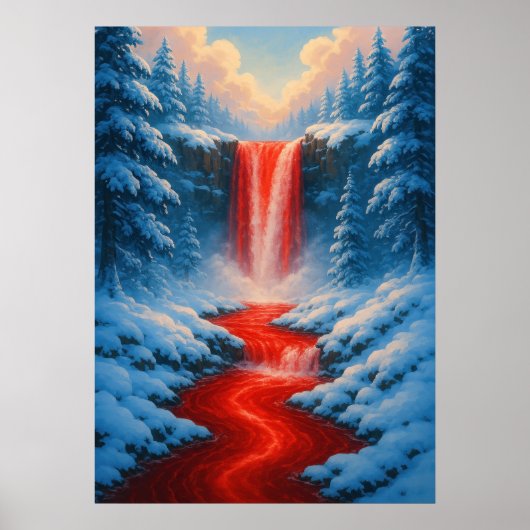 Roter Wasserfall im Winter Schnee Fantasy Landscha Poster (Vorne)