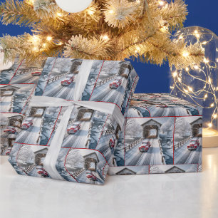 Roter Weihnachts-Retro-LKW und überdachte Brücke Geschenkpapier