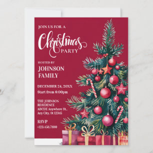 Roter Weihnachtsbaum mit und Geschenken Aquarell Einladung