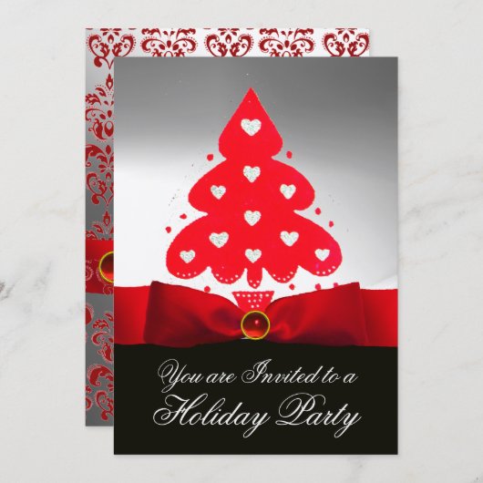 Roter Weihnachtsbaum, Weißer Schwarzer Damast Part Einladung (Vorne/Hinten)